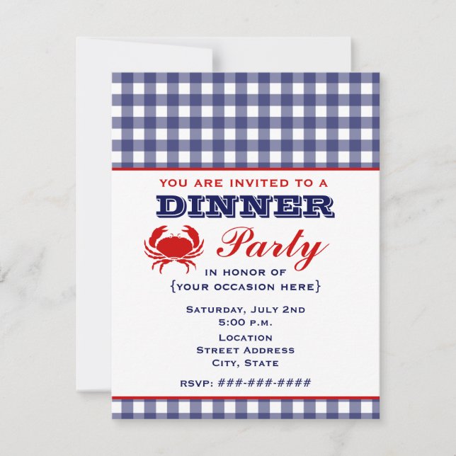 Invitación Fiesta de cena Blue Gingham & Crab (Anverso)