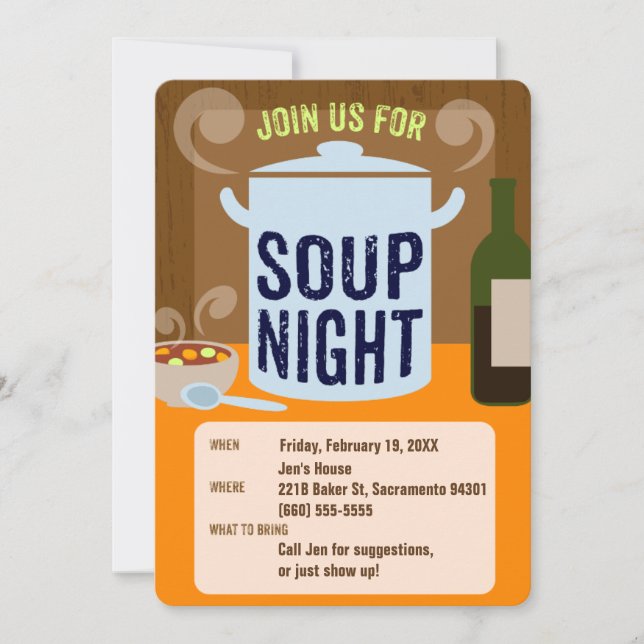 Invitación Fiesta de cena casual de la noche de la sopa (Anverso)