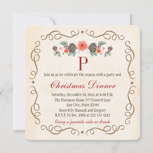 INVITACIÓN FIESTA DE CENA CON MONOGRAMA DE NAVIDAD DEL LAUREL (Anverso)