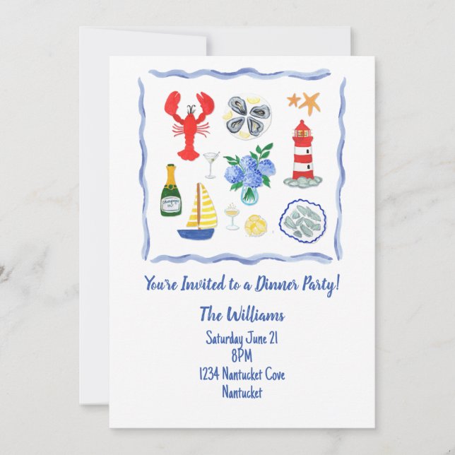 Invitación Fiesta de Cena con Tema de Nantucket Pintada a Man (Anverso)