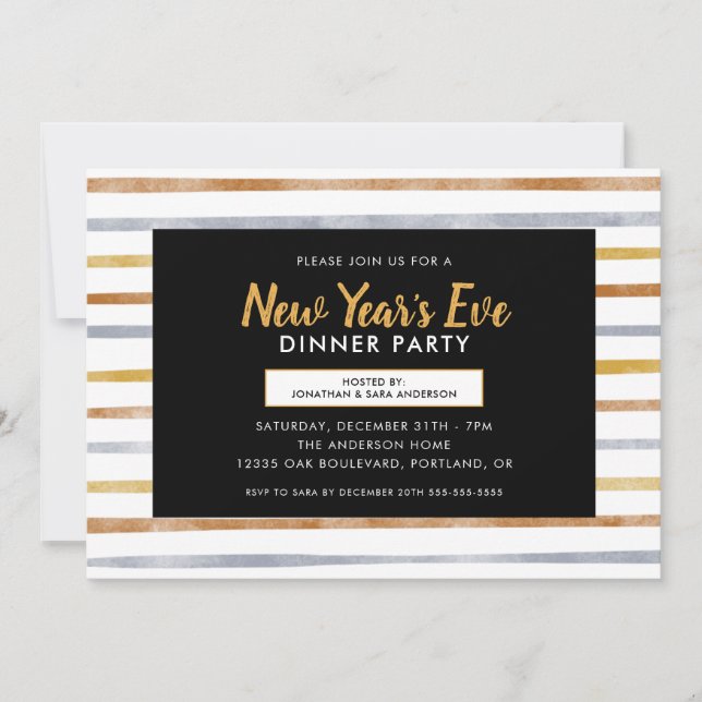 Invitación Fiesta de cena de Año Nuevo con rayas de bronce de (Anverso)