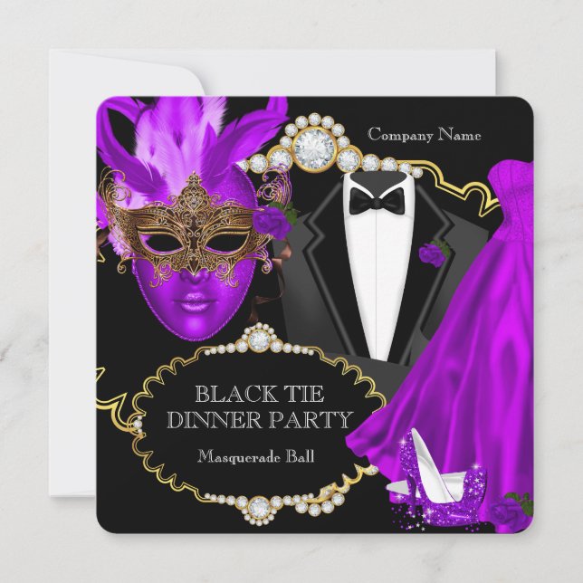 Invitación Fiesta de cena de baile de baile de máscaras morad (Anverso)