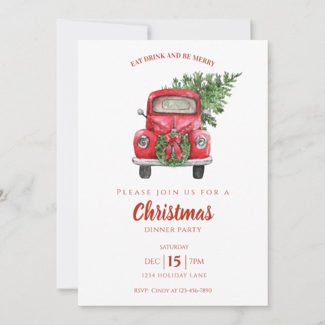 Invitación Fiesta de cena de camionetas rojas de época Navida (Anverso)