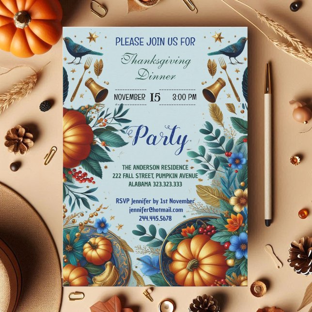 Invitación Fiesta de cena de Día de Acción de Gracias de las  (Gold Pumpkins Blue Bird Thanksgiving Dinner Party Invitation)
