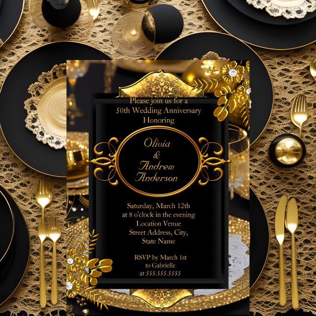 Invitación Fiesta de cena de diamantes negros de oro del 50 a (Subido por el creador)