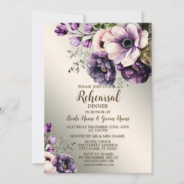 Invitación Fiesta de cena de ensayo boda Flores rosadas morad (Anverso)