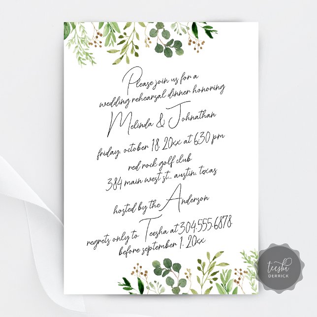 Invitación fiesta de cena de ensayo boda, verde moderno (Wedding Rehearsal Dinner party, Modern Greenery Invitation Card, Digital Download)