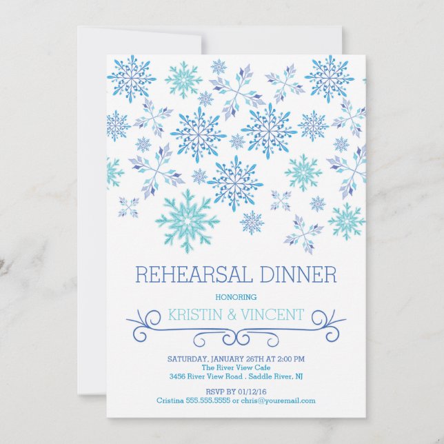 Invitación Fiesta de cena de ensayo de copos de nieve en invi (Anverso)