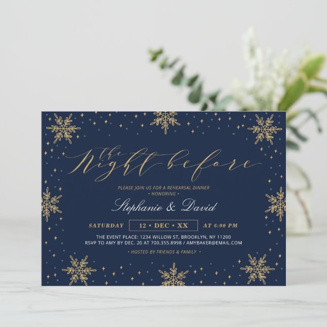 Invitación Fiesta de cena de ensayo de invierno azul de oro y (Anverso de pie)