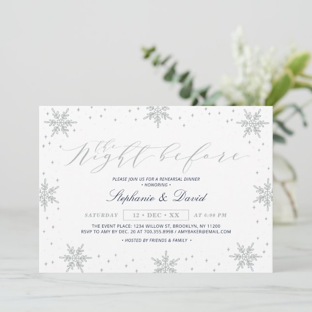 Invitación Fiesta de cena de ensayo de invierno Silver & Navy (Anverso de pie)