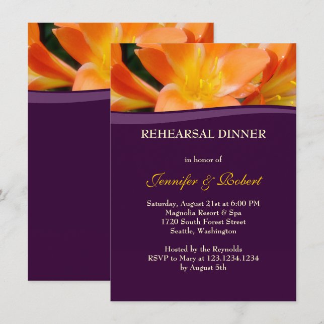 Invitación Fiesta de cena de ensayo morado y Naranja (Anverso / Reverso)