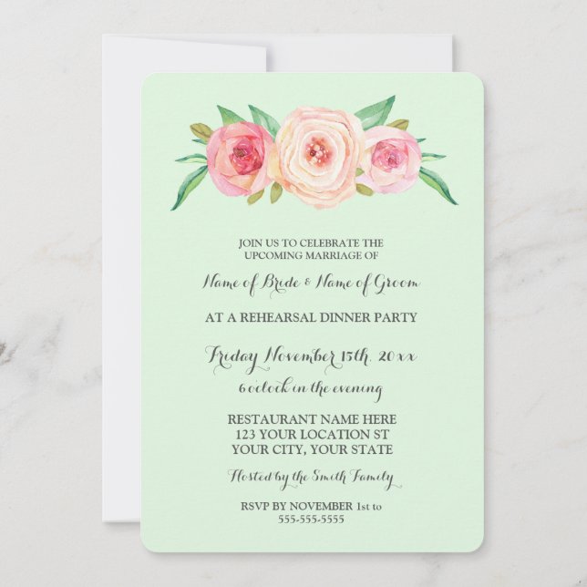 Invitación Fiesta de cena de ensayo verde rosado de Rubor (Reverso)
