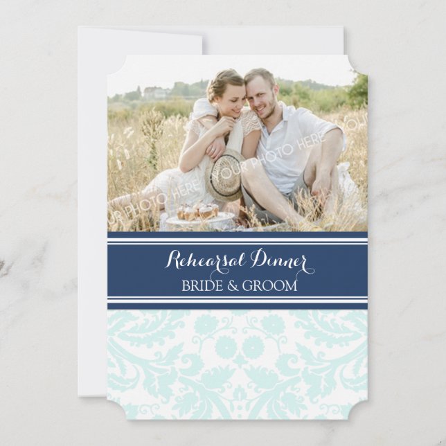 Invitación Fiesta de cena de foto de Sky Blue Damask (Anverso)