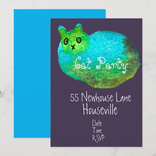 Invitación Fiesta de cena de gatos de arte de gato azul moder (Anverso / Reverso)