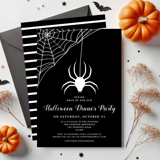Invitación Fiesta de cena de Halloween blanco y negro de arañ (Cute Spider Black & White Halloween Dinner Party Invitation)
