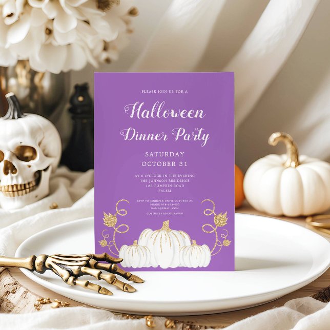 Invitación Fiesta de cena de Halloween con calabaza morada (Cute Purple Pumpkin Halloween Dinner Party Invitation)