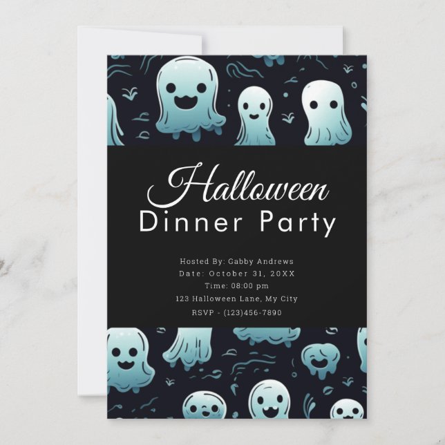 Invitación Fiesta de cena de Halloween con fantasmas azules s (Anverso)