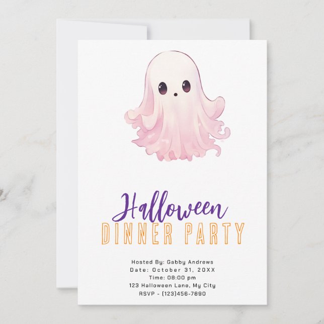 Invitación Fiesta de cena de Halloween con fantasmas rosados  (Anverso)