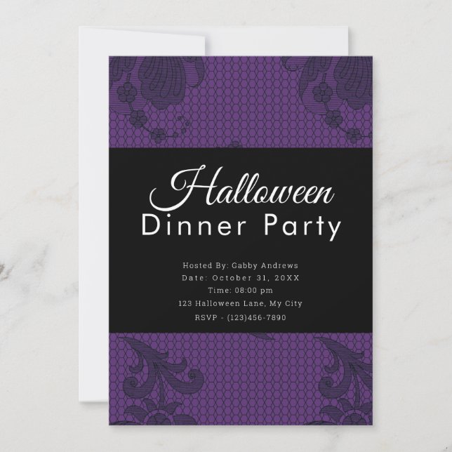 Invitación Fiesta de cena de Halloween con flores moradas (Anverso)