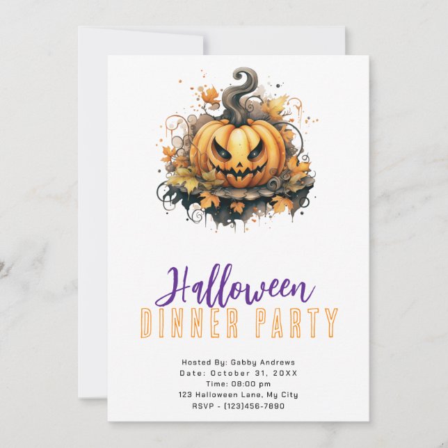 Invitación Fiesta de cena de Halloween con Jack-O' Lantern es (Anverso)