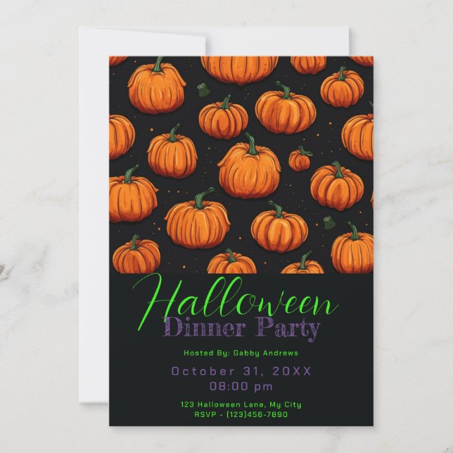 Invitación Fiesta de Cena de Halloween con Patrón de Calabaza (Anverso)