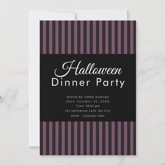 Invitación Fiesta de cena de Halloween con rayas moradas y ne (Anverso)