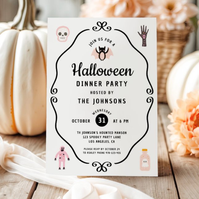 Invitación Fiesta de cena de Halloween Coquette linda (Cute Coquette Halloween Dinner Party Invitation)