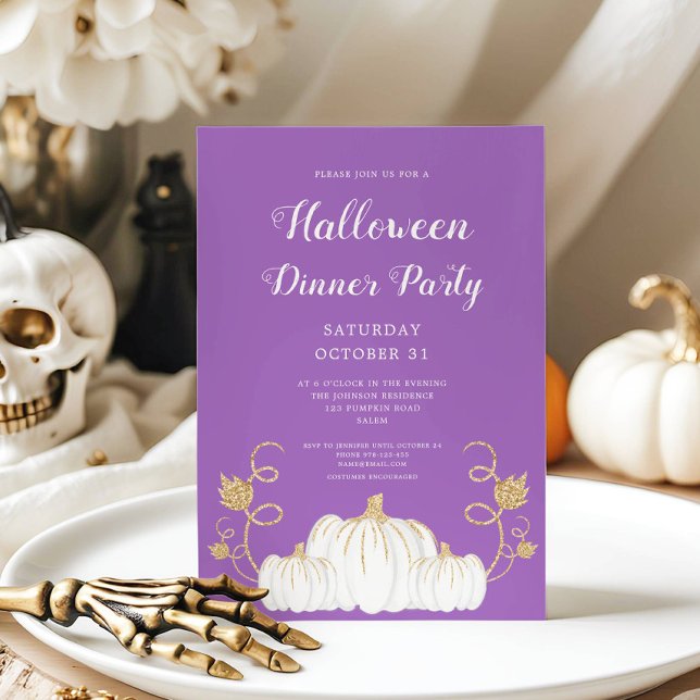 Invitación Fiesta de cena de Halloween de calabaza morada lin (Cute Purple Pumpkin Halloween Dinner Party Invitation)