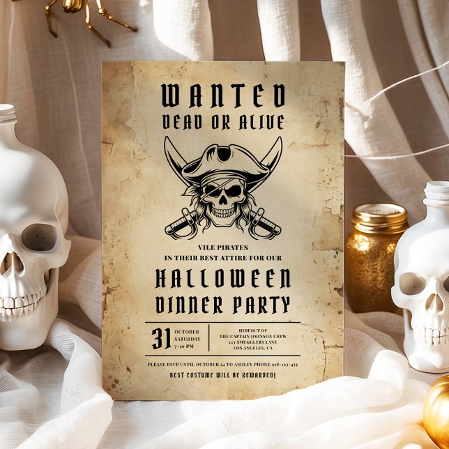 Invitación Fiesta de cena de Halloween de cráneo de pirata (Pirate Skull Halloween Dinner Party Invitation)
