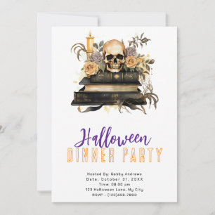Invitación Fiesta de cena de Halloween de cráneos, rosas dora
