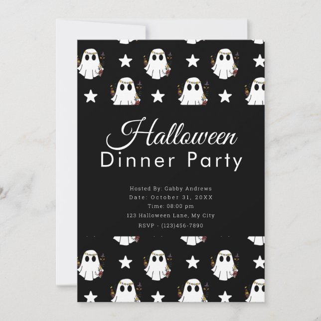 Invitación Fiesta de Cena de Halloween de Fantasmas y Estrell (Anverso)