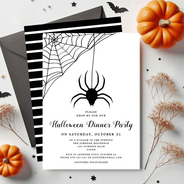 Invitación Fiesta de cena de Halloween de la Araña Negra Cuta (Cute Black Spider Halloween Dinner Party Invitation)