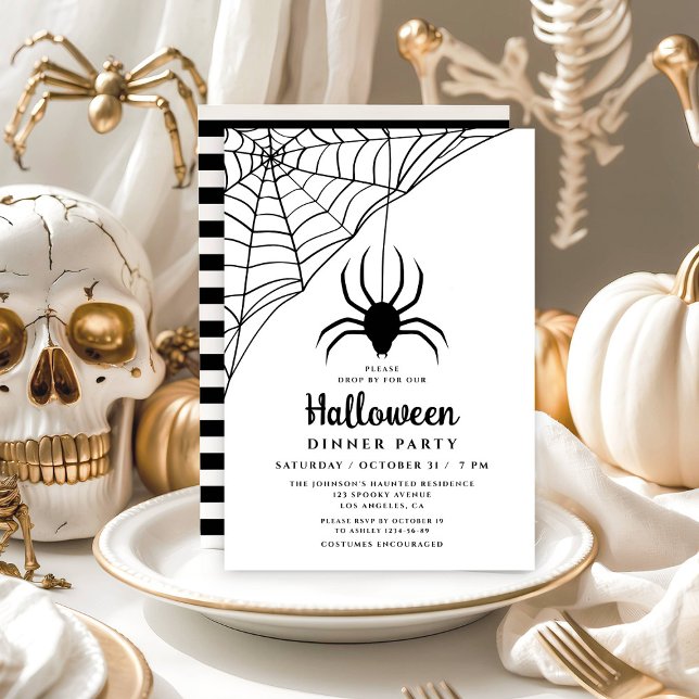 Invitación Fiesta de cena de Halloween de la Araña Negra Cuta (Cute Black Spider Halloween Dinner Party Invitation)
