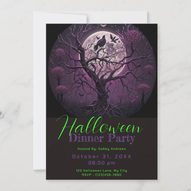 Invitación Fiesta de cena de Halloween de Púrpura Sky Full Mo (Anverso)