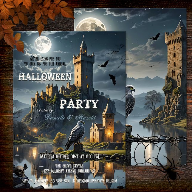 Invitación Fiesta de cena de Halloween del Castillo de la Noc (Halloween dinner party invitation featuring a castle at full moon, with bats, falcon and skull)