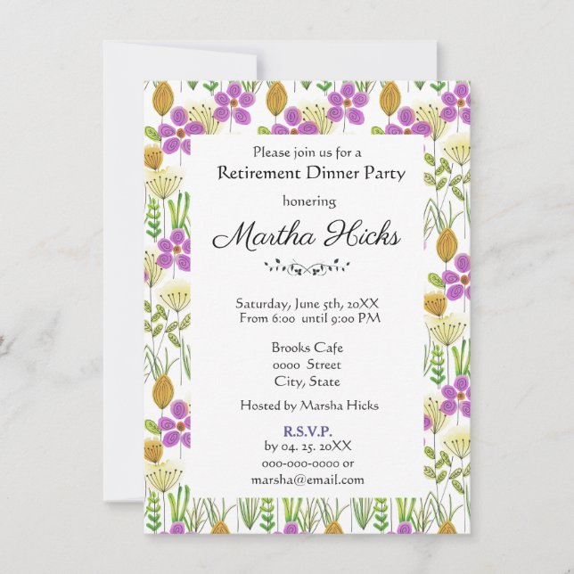 Invitación Fiesta de cena de jubilación con flores de acuarel (Anverso)