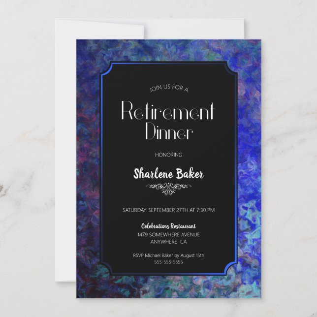 Invitación Fiesta de cena de jubilación negro con borde azul (Anverso)