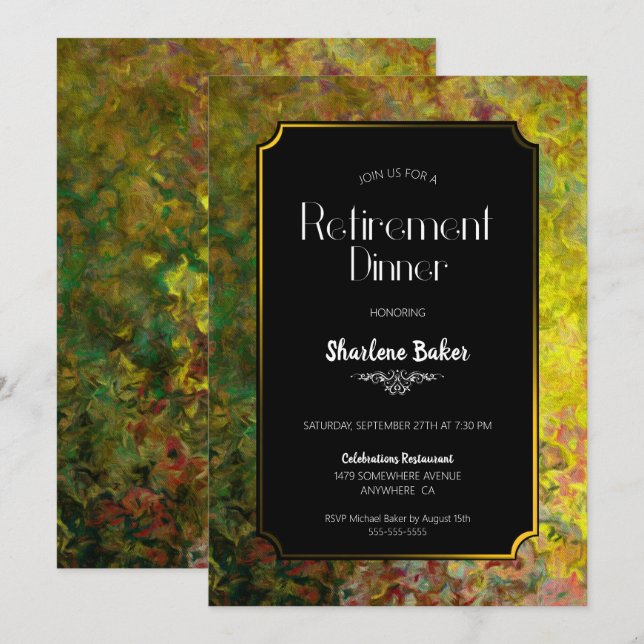 Invitación Fiesta de cena de jubilación negro y oro (Anverso / Reverso)