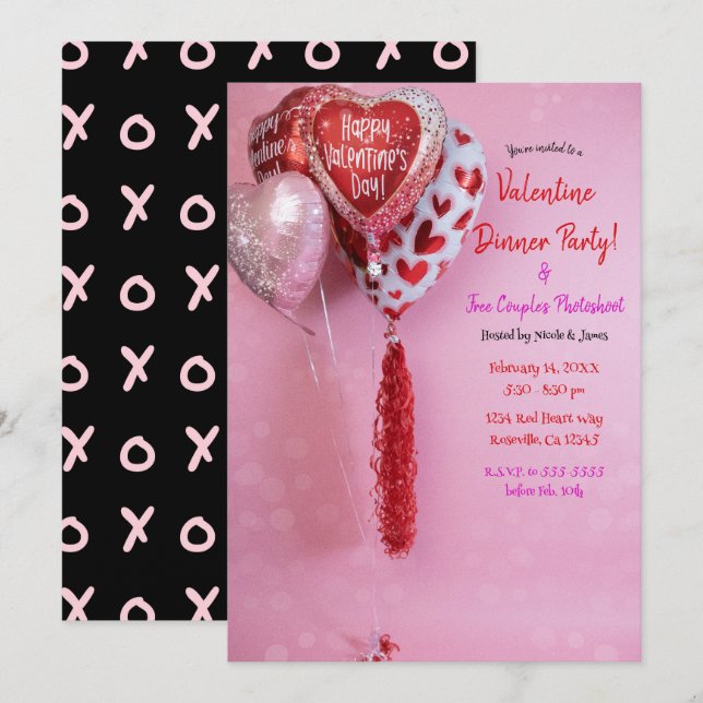 Invitación Fiesta de cena de los globos de San Valentín o cum (Anverso / Reverso)