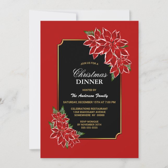 Invitación Fiesta de cena de los Navidades Red Poinsettia (Anverso)