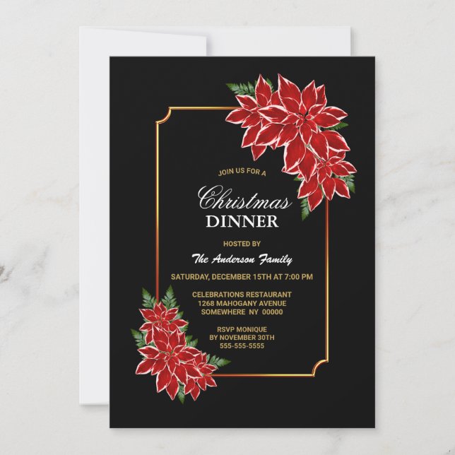 Invitación Fiesta de cena de los Navidades Red Poinsettia (Anverso)