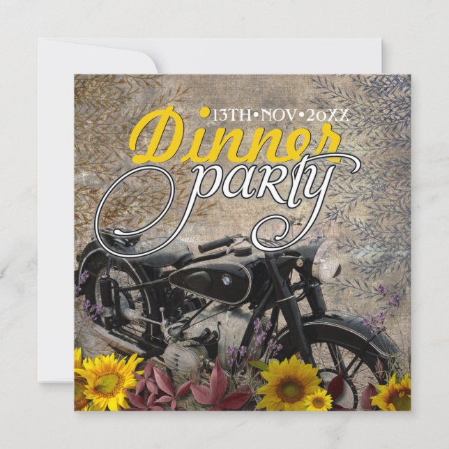 Invitación Fiesta de cena de motocicleta del girasol bohemio  (Anverso)