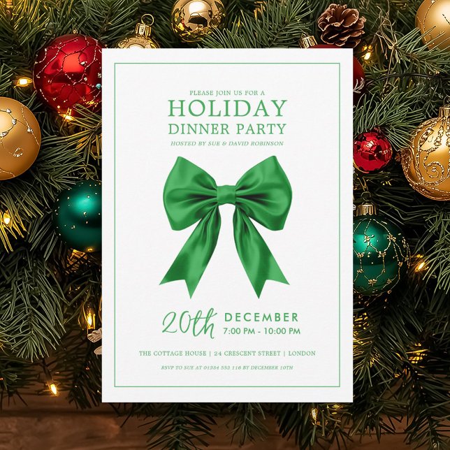 Invitación Fiesta de Cena de Navidad Bow de Satén Verde (Christmas Holiday Dinner Party Green Satin Bow Invitation)