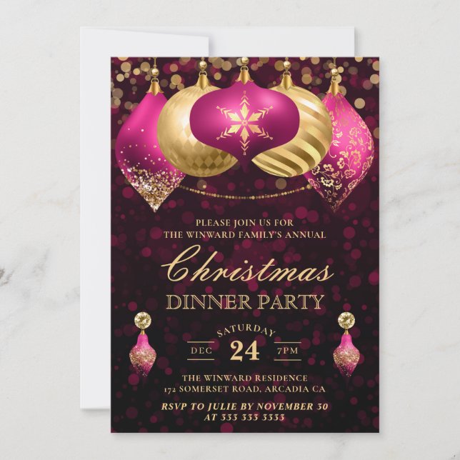 Invitación Fiesta de cena de Navidad con adornos elegantes de (Anverso)