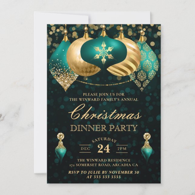 Invitación Fiesta de cena de Navidad con adornos elegantes de (Anverso)