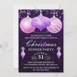 Invitación Fiesta de cena de Navidad con adornos rosados y mo