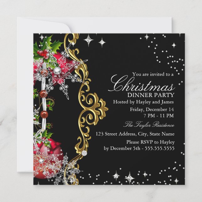 Invitación Fiesta de cena de Navidad con copo de nieve negro  (Anverso)