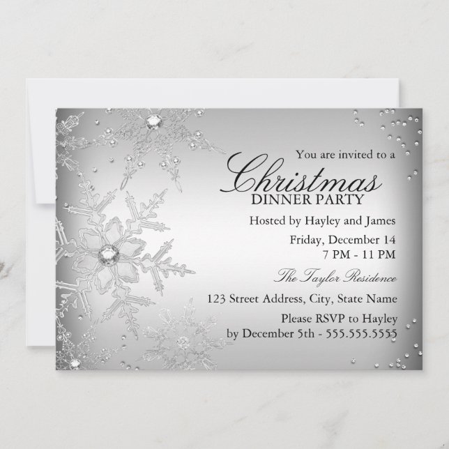 Invitación Fiesta de Cena de Navidad de Copo de Nieve de Cris (Anverso)
