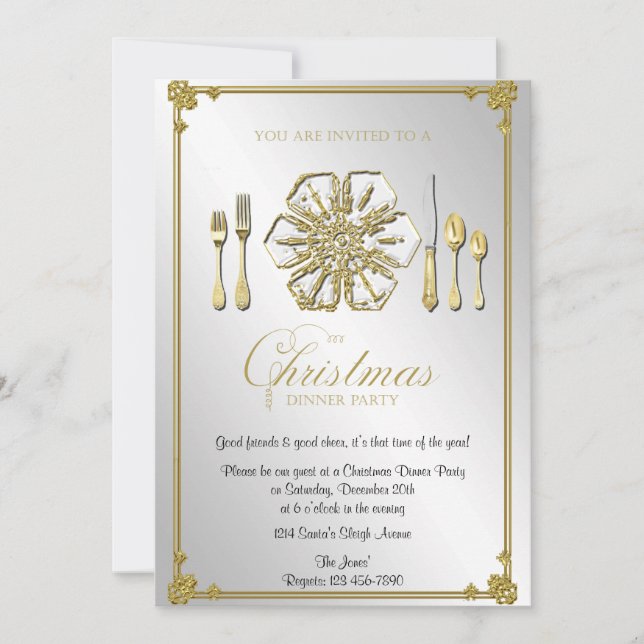 Invitación Fiesta de cena de navidad del copo de nieve del (Anverso)