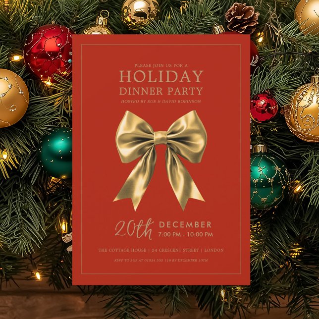 Invitación Fiesta de Cena de Navidad Dorada Cinta de Seda Roj (Christmas Holiday Dinner Party Gold Satin Bow Red Invitation)